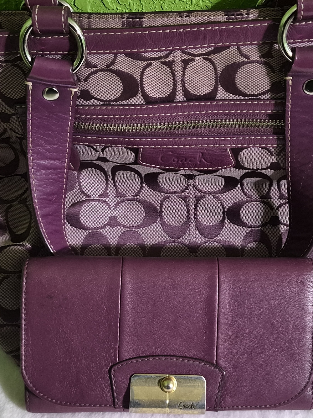 Coach Purple Signature Tote with Matching Leather Wallet